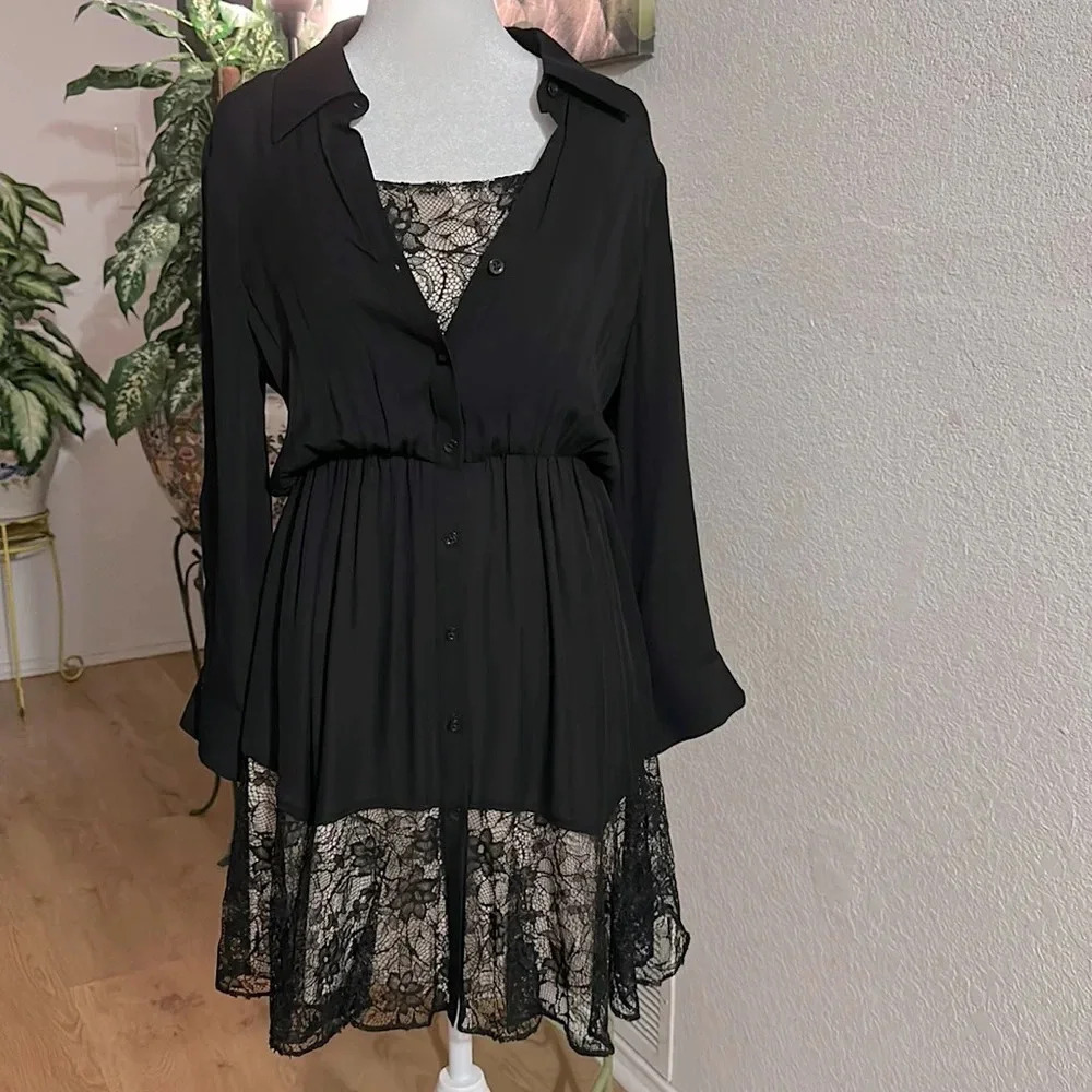 Alice + Olivia sheer lace longsleeve high Collar silk slip black dress size S